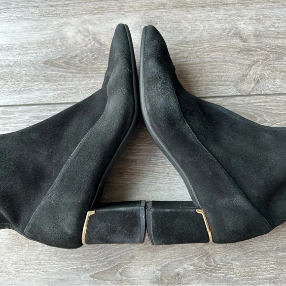 Cole Haan Laree Stretch Black Suede Sock Booties  with Gold Bar - Picture 12 of 16